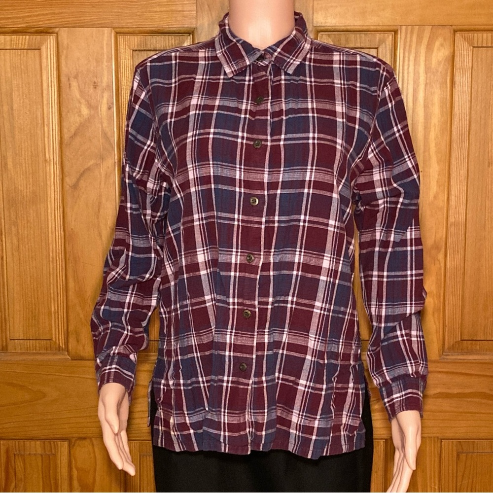 NWOT Erika Vintage 90s Top Blouse Long Sleeve Plaid Red Blue White Size L Large